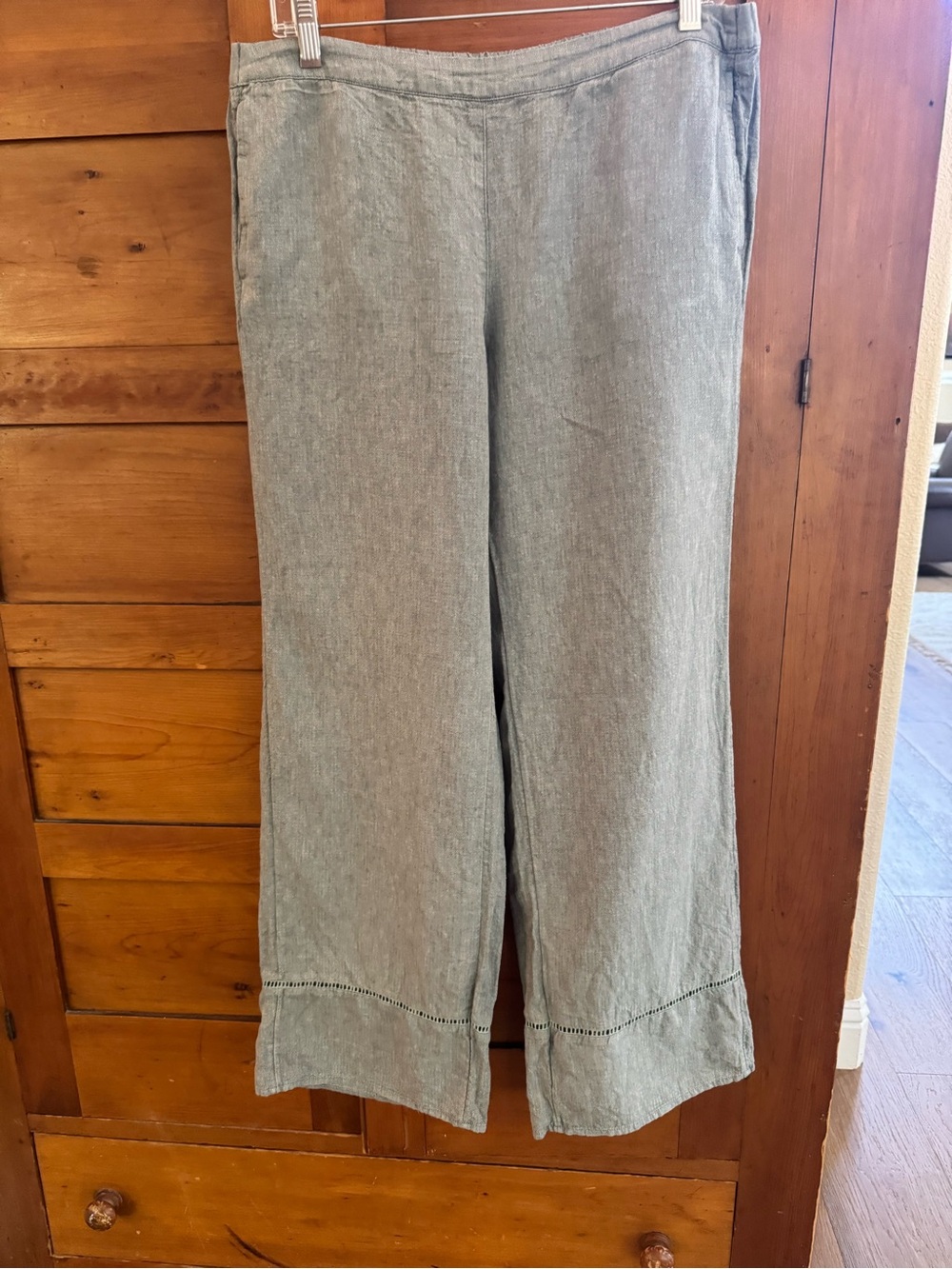 Pure J Jill Green Chambray Linen Wide Leg Crop Pants Eyelet Hem Size M